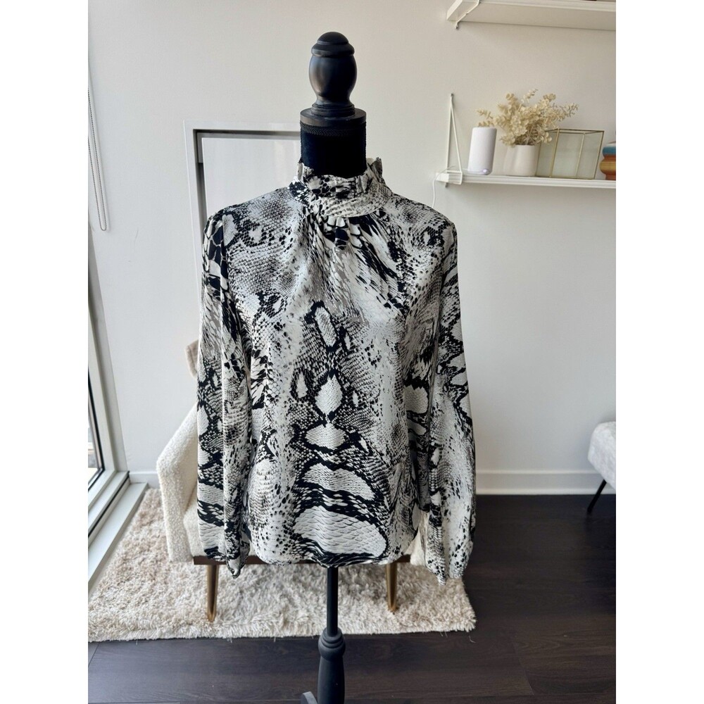 Shein Black White Mock Neck Snake Print Long Sleeve Blouse Size Large
